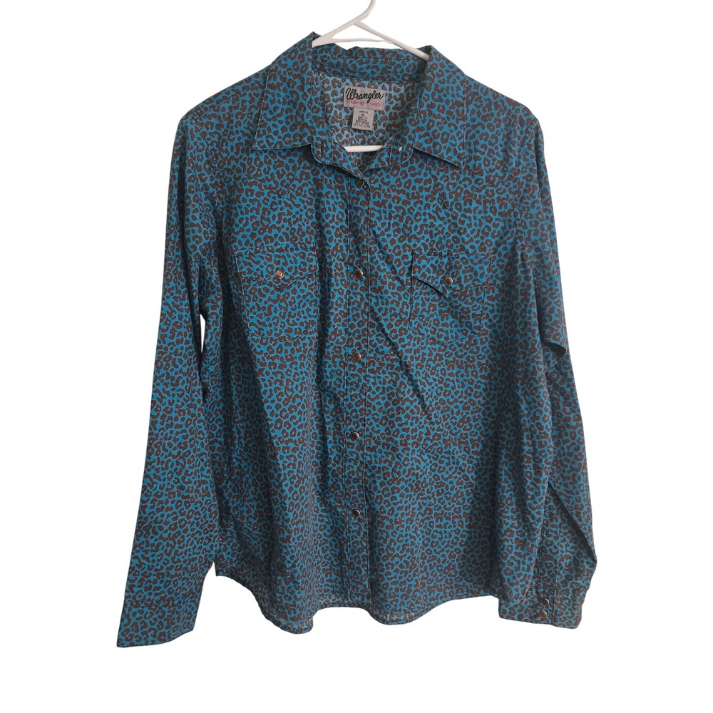 Wrangler Leopard Western Shirt XL‎ Blue Snap Button Cowgirl Rodeo Top Woman's